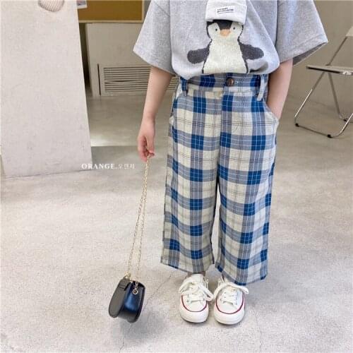 Girls pants 2021 summer new baby girl wide-legged casual pants loose spring and autumn plaid pants kids clothes
