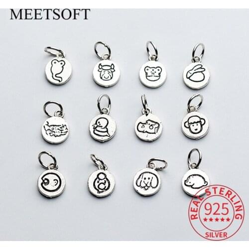 MEETSOFT 100% Sterling Silver Zodiac Signs Carved Circle Brand Charms DIY Necklace Making Findings Handmade Jewelry Accessories