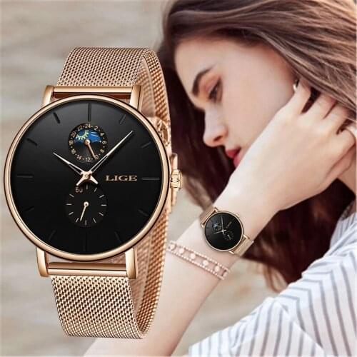 2021 LIGE Stainless Steel Mesh Belt Womens Watch Fashion Casual Quartz Wristwatches For Women Waterproof Clock Montre Femme+Box