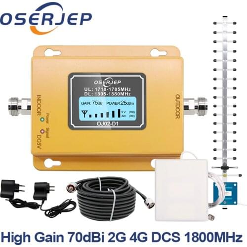 GSM LTE 1800 LCD 70dB 2g 4g Cell Phone Signal Repeater DCS 1800MHz Mobile Amplifier GSM + Yagi /Panel Antenna