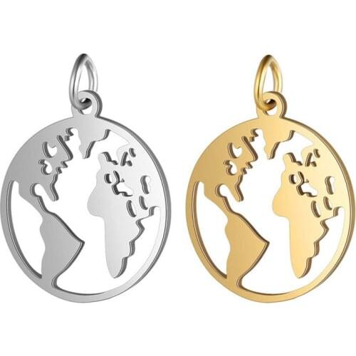 Julie Wang 5PCS Stainless Steel Hollow World Map Charms Small Pendant Necklace Bracelet Jewelry Making Accessory