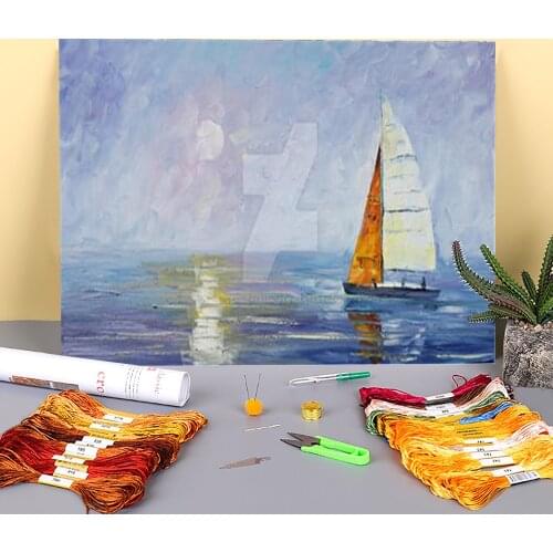 Oil Painting Style Sailing Printed Canvas 11CT Cross Stitch Complete Kit Embroidery DMC Threads Handiwork Craft Decor