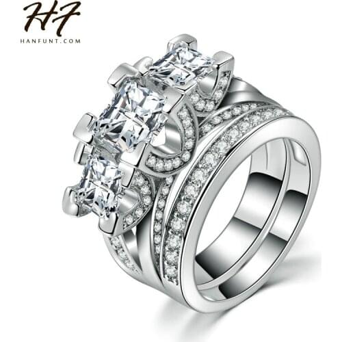 Sliver Color Luxury 2 Rounds 3 Square CZ Crystal Bijoux Fashion Wedding Ring Set Jewelry For Women Love Gift R511