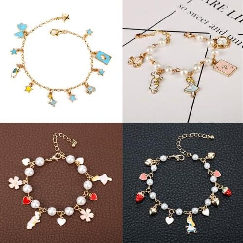 Small Fresh Style Cute Alice Wonderland Rabbit Clock Imitation Pearl Link Chain Bracelet Charm Bangle Women Girl Jewelry