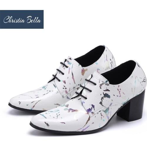 Brand Mens 7cm High Heels Shoes Lace-up Pointed Toe Genuine Leather Dress Shoes Men White High Heel Wedding/Party Footwear