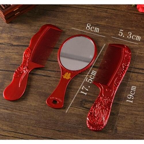 Plastic Wedding Marry Red Comb Bride With Dowry On The Combs Thick Resin Long Fengxi Hairbrush Mirror Set Hairdressing Supplies