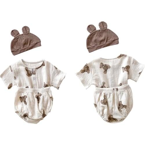 Newborn Baby Boys Girls 2Pcs Casual Suits Cute Little Bear Short Sleeve Tops Cardigan + Triangle Short Pants Shorts & Hat Set