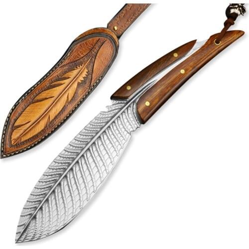 VG10 Damascus Steel Straight Knife Outdoor Hunting Fixed Blade 7.7 Inch With Leather Sheath Camping Tool For Fishing