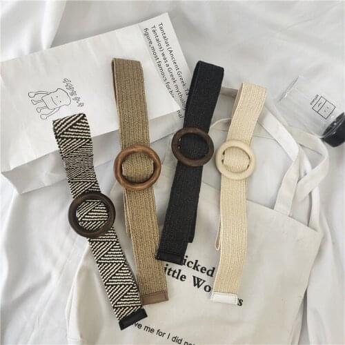 Wooden Buckle Non-porous Belt Young Girls Womens Fashion Elastic Stretchable Casual Waist Belts For Dress Skirt Decoration