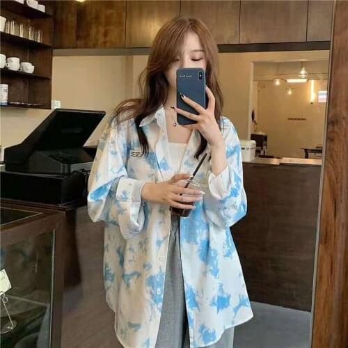 Tie-dyed Leisure Shirt Womens 2021 Early Autumn Vintage Designer HK Fashion Thin Shirt Coat Female Loose Tops Blouse