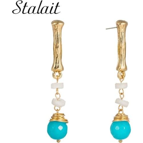Gold Color Letter I Blue Natural Stone Drop Earrings Simple Gold Chain Alphabet Earrings For Wedding Party Birthday Gift