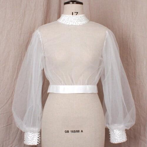 Bridal Wedding Tulle Coat Lady Elegant Party Lace-up Shawl Women Victorian Retro Blouse Romantic Beaded Long Puff Sleeve Bolero