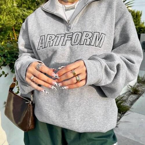 Letter Embroidery Oversized Sweatshirt Women Zipper Pullover Hoodie Casual Street Long Sleeves Top Autumn Winter 2021 Female