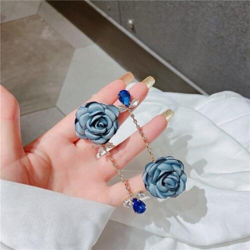 Korean Fashion Fabric Rose Flowers Long Earring Rhinestone Asymmetric Tassel Drop Earrings for Women Fashion Jewelry Gifts