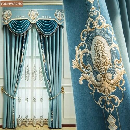 Custom curtain living room luxury American retro solid chenille stitching blue cloth blackout curtain valance tulle panel C678