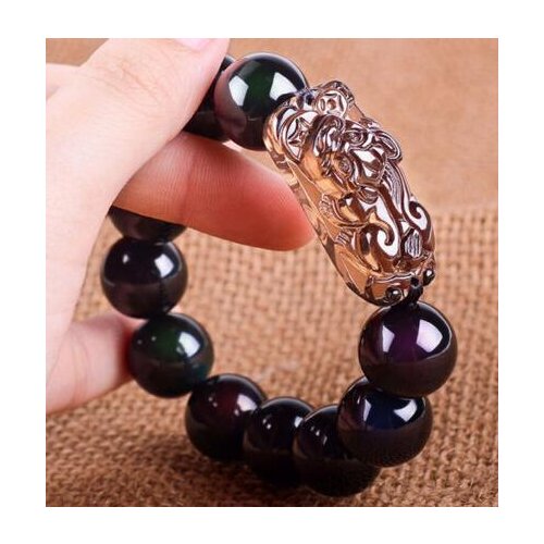 Natural Crystal Obsidian Round Beads Pixiu Bracelet Meditator Wrist Chain Unisex