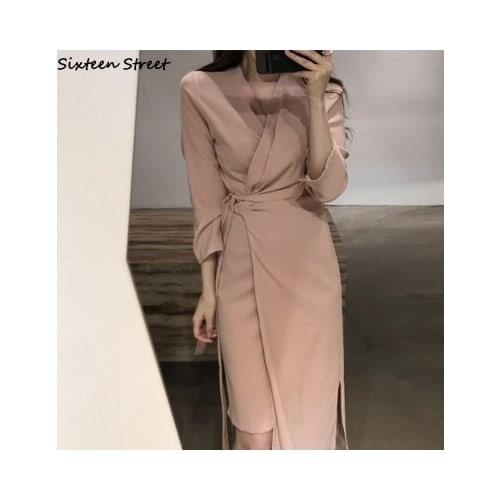 Chic Irregular V-neck Dress Woman Pink Long-sleeve Lace-up Korean Dress Vestido Autumn Street Spring Cross Bandage Dresses