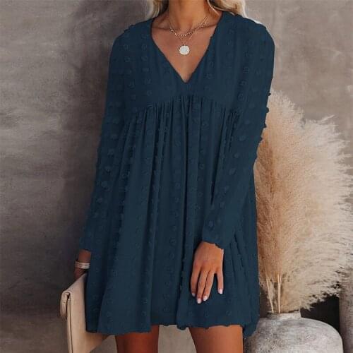 Women Loose Jacquard Dress Casual Solid Color Long Sleeve V-neck Short Mini Dress Female Ladies Clubwear Autumn Spring 2021 New