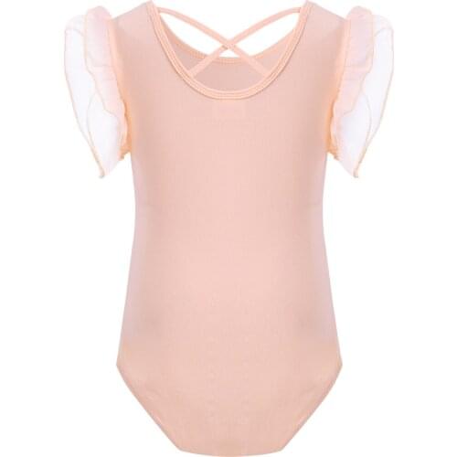 2021 Girls Kids Ballet Dress Ruffled Sleeves Cross Back Stage Perforamnce Costume Children Dance Gymnastics Leotard SZ 3-12