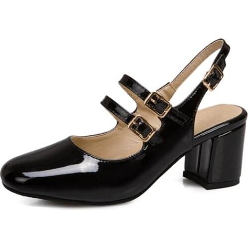 High heels sandals women Plus Size 32-52 Square Heels Patent Leather Casual Party Office Lady Ankle Strap Gladiator Shoes H317