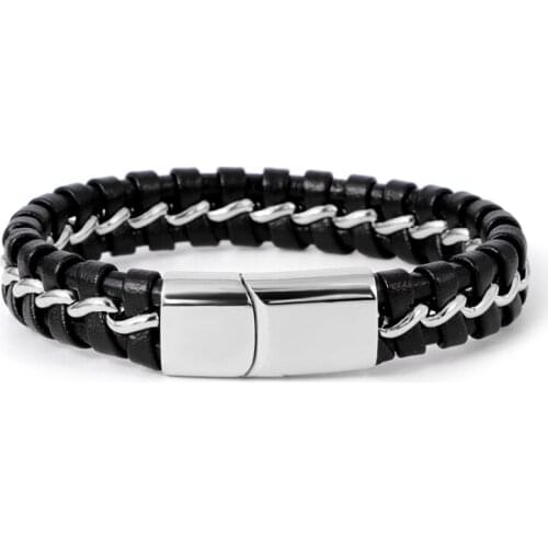 Male Jewelry Braid Leather Rope Chain Cuff Bracelet Stainless Steel Magnetic Clasp Men Bangle Punk Pulseir Bijou Accessory