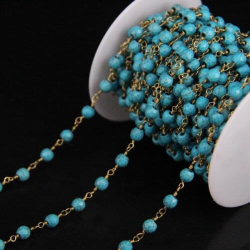 5Meter/lot,6mm Blue Turquoises Faceted Round bead Rosary Chain,Turquoises Link Brass Wire Wrapped Chain DIY Woman sweater chains
