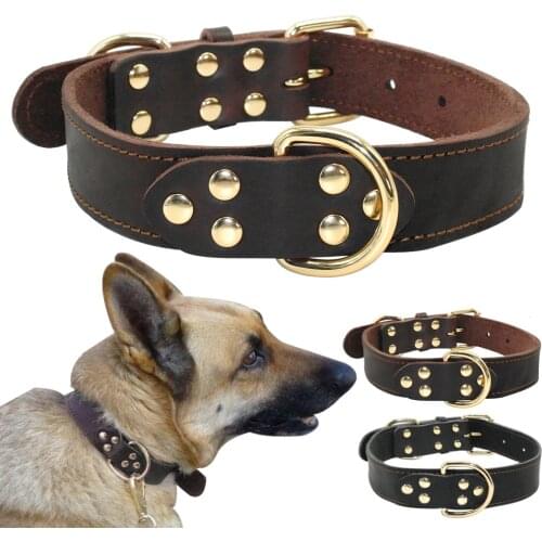 Genuine Leather Dog Collar Working Dog Pet Training Collars Heavy Duty For Medium Large Dogs German Shepherd Brown Color