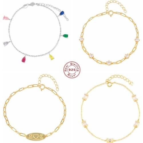 GS 925 Sterling Silver Colorful Water Drop Zircon Charm Bracelets For Women Square Green Crystal Beads Thick Chain Bracelet