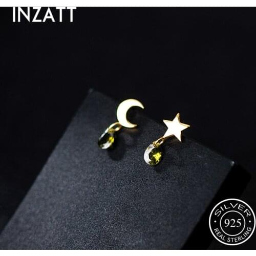INZATT Real 925 Sterling Silver Moon Star Crystal Stud Earrings For Fashion Women Party Asymmetry Cute Fine Jewelry Accessories