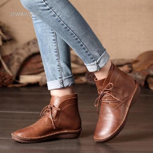 Handmade Retro Leather Lace Up Ankle Boots For Women Brown/Black