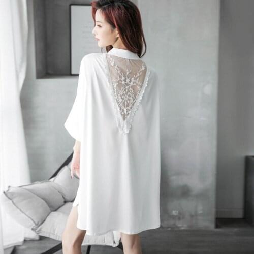 2021 Summer Sleepwear Fashion Womens Pajamas Sexy Backless Lace Decor Loose Oversize Half Sleeve Single Breasted White Shirt