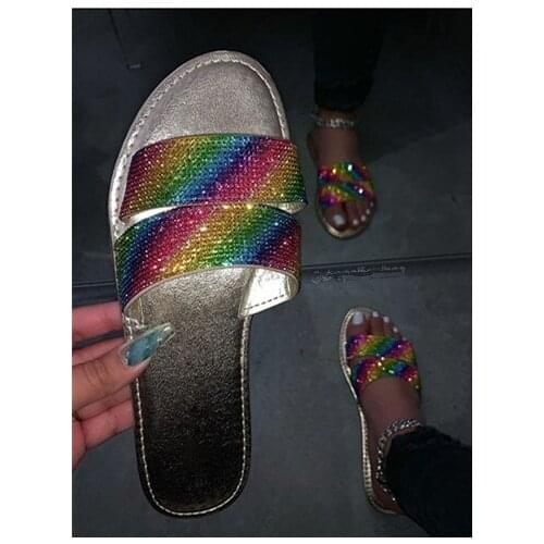 Summer women shoes peep toe slippers ladies Rhinestones bling flat sandals outdoor woman casual slip-on beach slides female 2020