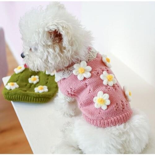 Winter Dog Clothes Small Dogs Cat Sweater Dog Jumper Cute Floral Hollow Design Girl Crochet Knitwear Coat Pink Green Pet Apparel