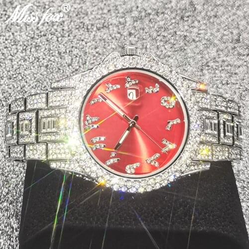 Hip Hop MISSFOX Men Watches Top Brand AAA Diamond Bling Iced Out Watch For Men Luxury Quartz Male Magnifier Calendar Wristwatch