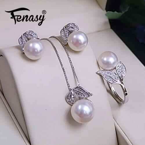 FENASY 925 Sterling Silver Jewelry Sets Natural Pearl Stud Earrings Custom Bohemian Pendant Chain Necklace For Women Ring Set