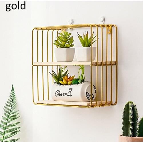 Nordic Style Iron Wall Shelf Wooden Storage Racks Book Shelves Geometric Square Display Holder Kitchen Organizer Home Decor