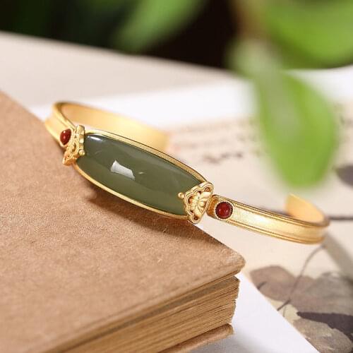 NATRICH Palace Style S925 Sterling Silver Gilding Natural Hetian Jade Gray Jade Bracelet Opening Bracelet Womens Simple to Give