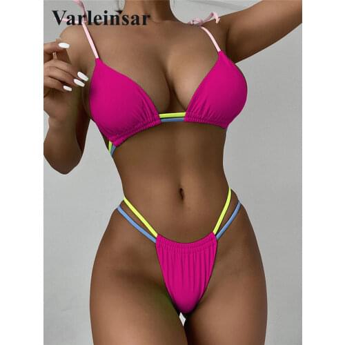 New Sexy Mini Thong Neon Bikini Women Swimwear Female Swimsuit Two-pieces Bikini set High Leg Cut Bather Bathing Suit Swim V3100