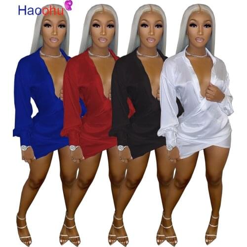 HAOOHU Solid Women Long Sleeve Deep V-neck Mini Dress Sexy Blouses Style Ruched Dresses Outfits