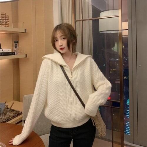 Autumn and winter knitted long-sleeved tops all-match retro zipper high neck linen pattern loose sweater outer wear women