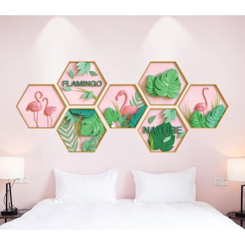[shijuekongjian] Romantic Pink Flamingo Wall Stickers DIY Green Plants Wall Decals for Kids Rooms Living Room House Decoration