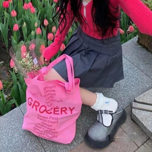 Rose Pink Women Shoulder Bag Retro Letter Ladies Eco Reusable Shopping Bags Large Capacity Girls Student Tote Beach Handbags