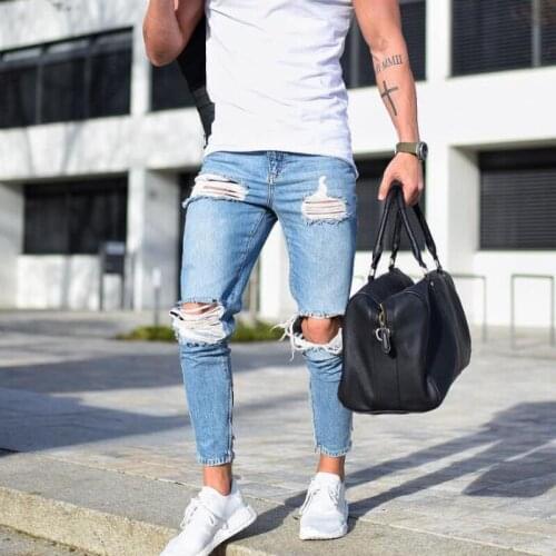 Ripped Jeans Men Fashion Destroyed Frayed Denim Pencil Pants Homme Casual Knee Hole Skinny Distressed Jeans Pantalon Streetwear