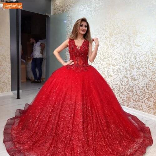 Sexy Arabic Red Evening Dresses V Neck Beaded Lace Up Gala Ball Gown Women Dress Formal Party Customized 2020 Abiti Da Cerimonia