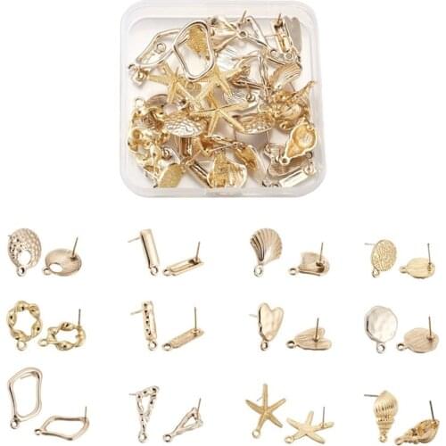 48pcs/box Alloy Stud Earring Findings with Loop Hammered Heart Shell Flat Round Light Gold For Woman Girl Gift