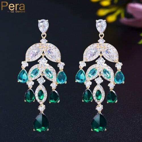 Pera Elegant Peacock Green Blue Cubic Zirconia Long Tassel Water Drop Pendant Earring for Women Wedding Jewelry Accessories E813