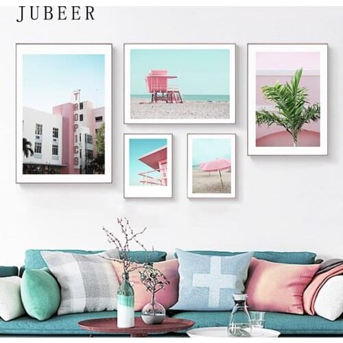 Nordic Style Beach Seaside Decoration Painting Simple Sea Landscape Poster and Print Pink Triptych for Living Room Salon