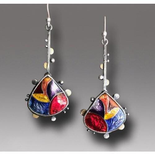 Bohemian Colorful Drop Earrings For Women Vintage Ethnic Silver Color Jewelry Geometric Triangle Flower Petal Earrings Gifts