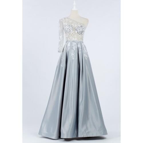 Strom grey Long satin Evening Dress 2020 one-shoulder sleevele Bronzing Trailing luckgirls Customizable prom Dress mocini tailor