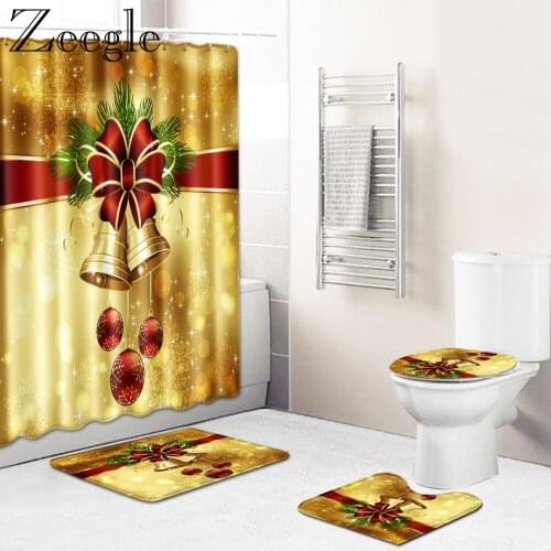 Waterproof Shower Curtain 4pcs Christmas Bath Curtain Bathroom Carpet Anti-slip Shower Mat Bathroom Toilet Pedestal Rug Foot Mat